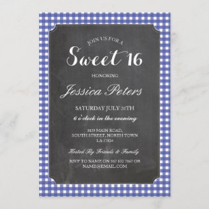 Sweet 16 Blue Check Lights Rustic Chalk Invitation