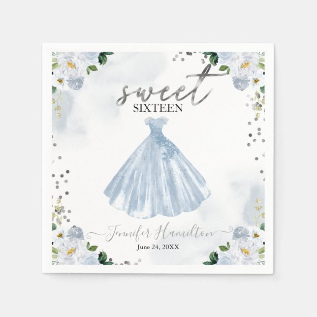 Sweet 16 Blue Floral Dress Napkins (Front)