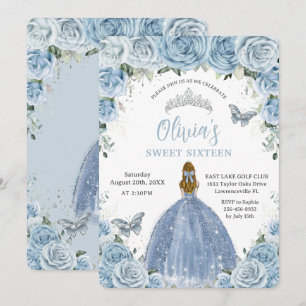 Sweet 16 Blue Floral Silver Butterflies Blonde Invitation