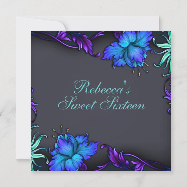 Sweet 16 Blue Flower Burst Design Birthday Invite (Front)