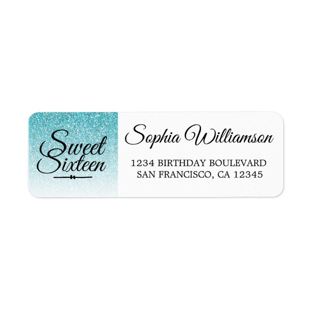 Sweet 16 Blue Glitter Birthday Return Address Label (Front)