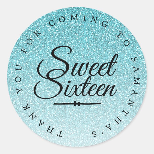 Sweet 16 Blue Glitter Ombre Thank You Custom Name Classic Round Sticker (Front)