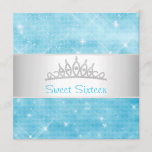 Sweet 16 Blue Glitter Silver Jewel Tiara Party 16 Invitation