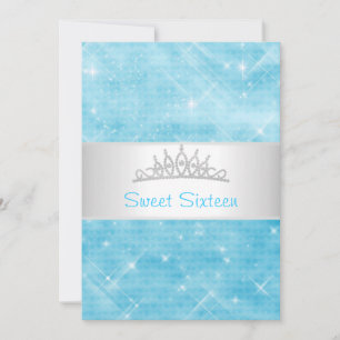 Sweet 16 Blue Glitter Silver Jewel Tiara Party 16 Invitation