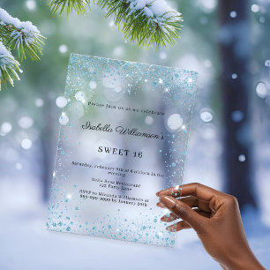 Sweet 16 blue glitter winter party frosted acrylic invitations