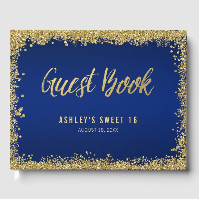 Sweet 16 Blue Gold Glitter Birthday Guest Book (Front)