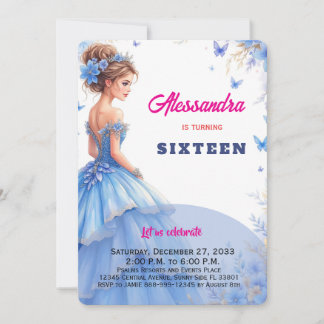 Sweet 16 Blue Gown Floral Budget Girl's Birthday  Invitation