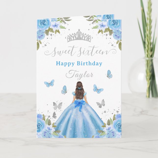 Sweet 16 Blue Princess Brunette Girl Card (Front)