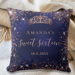 Sweet 16 blue rose gold tiara name script cushion<br><div class="desc">For an elegant Sweet 16,  16th birthday.  A stylish blue background colour,  the blue colour is uneven. Decorated with rose gold faux glitter dust,  a tiara crown. Personalise and add a name and a date. Sweet sixteen is written with a modern hand lettered style script with swashes.</div>