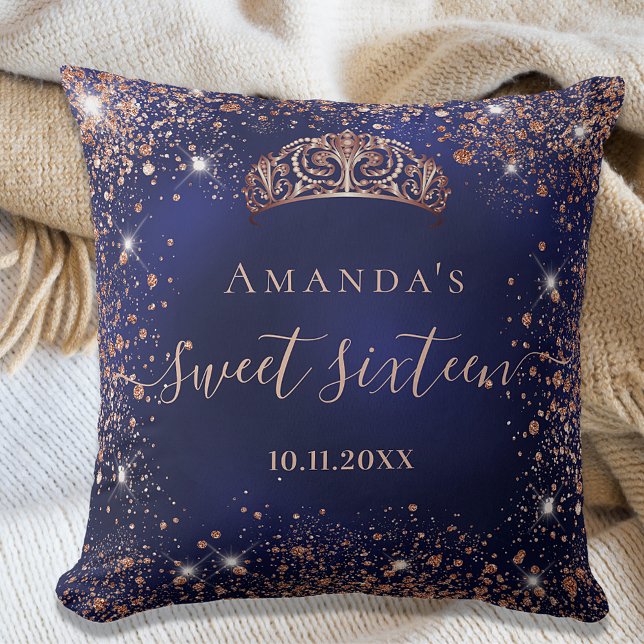 Sweet 16 blue rose gold tiara name script cushion (Creator Uploaded)