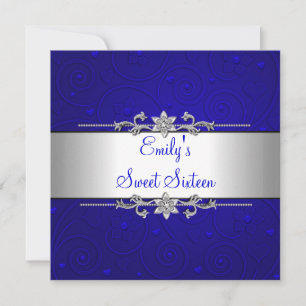 Sweet 16 Blue Silver Floral Love Birthday Party Invitation