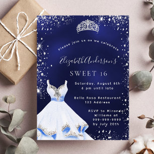 Sweet 16 blue silver glitter dress tiara glamourou invitation postcard