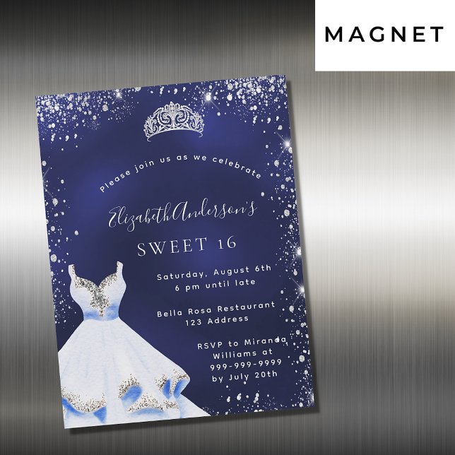 Sweet 16 blue silver glitter dress tiara glamourou magnetic invitation (Creator Uploaded)