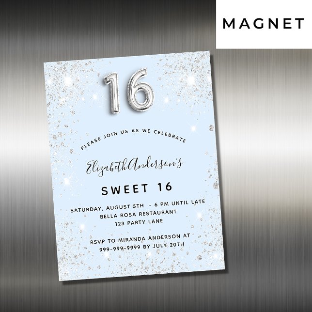 Sweet 16 blue silver glitter invitation magnet (Creator Uploaded)