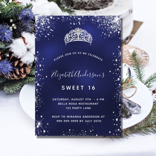 Sweet 16 blue silver glitter tiara glamourous part invitation (Creator Uploaded)