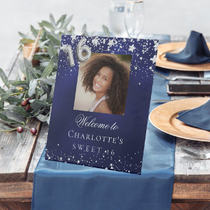Sweet 16 blue silver stars photo party welcome pedestal sign