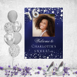Sweet 16 blue silver stars photo welcome poster<br><div class="desc">A welcome poster for a Sweet 16,  16th birthday party.  A navy blue background with elegant faux silver stars. The blue colour is uneven.  Personalise and add a photo,  name and text.  White letters.</div>