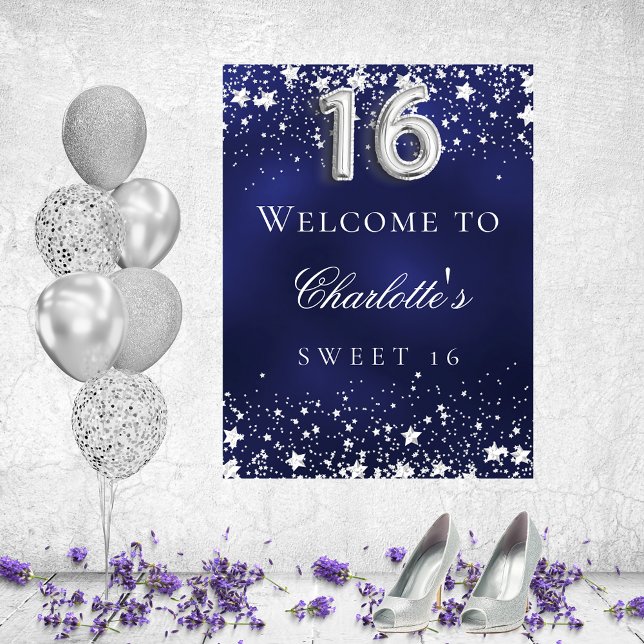 Sweet 16 blue silver stars welcome party poster (Creator Uploaded)