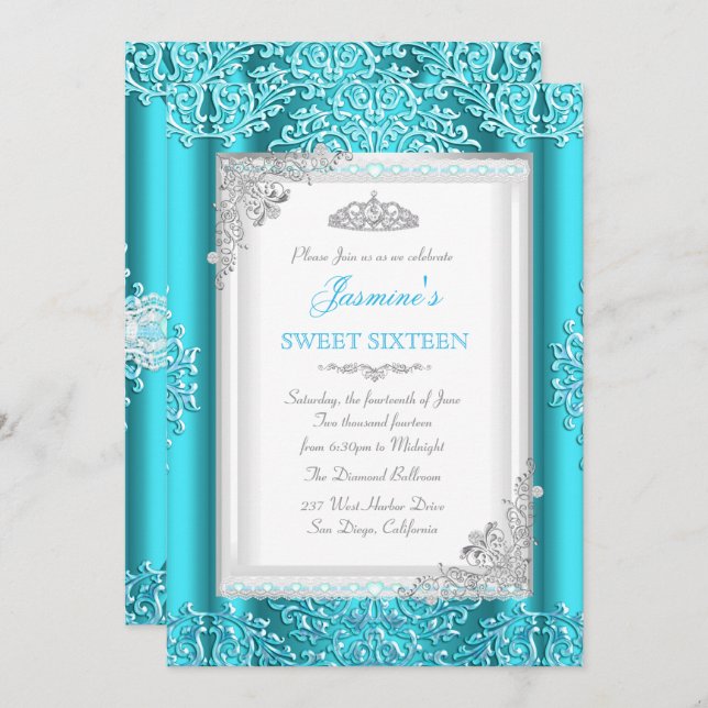Sweet 16 Blue Teal Silver Lace Damask Tiara Invitation (Front/Back)