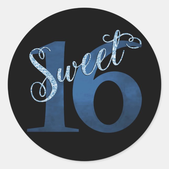 Sweet 16 | Blue Watercolor and Faux Glitter Party Classic Round Sticker (Front)