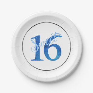 Sweet 16 Blue Watercolor and Faux Glitter Party Paper Plate
