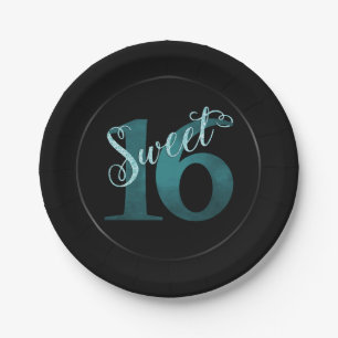 Sweet 16 Blue Watercolor and Faux Glitter Party Paper Plate