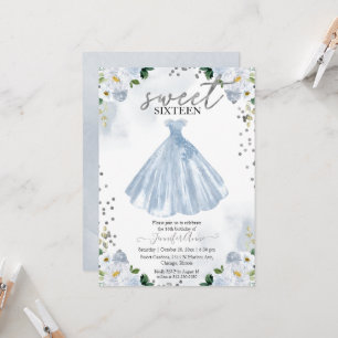 Sweet 16 Blue Watercolor Flowers Dress Invitation