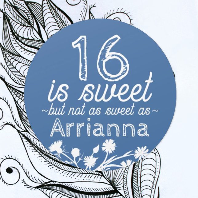 Sweet 16 Blue, White Flowers Classic Round Sticker (round floral blue sweet 16 party favor sticker personalized label seal with name for sweets gifts)
