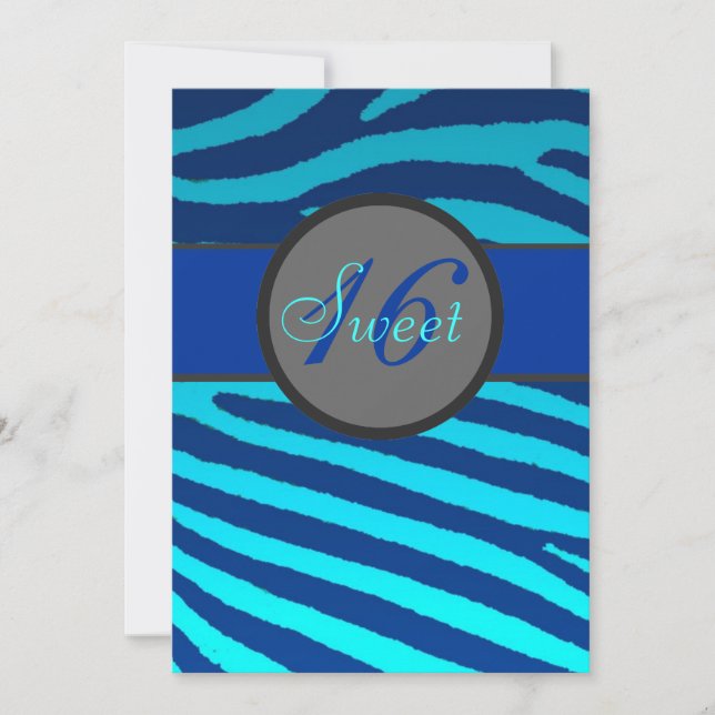 Sweet 16 blue zebra stripes birthday invitations (Front)