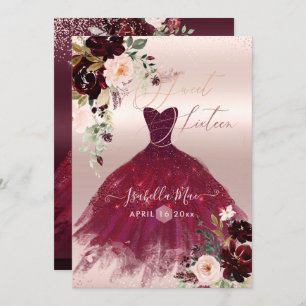 Sweet 16 Blush Burgundy Watercolor Flowers Invitation