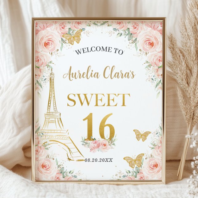 Sweet 16 Blush Floral Paris Eiffel Champagne  Poster (Creator Uploaded)