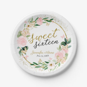 Sweet 16 Blush Floral Pink Butterfly Paper Plate