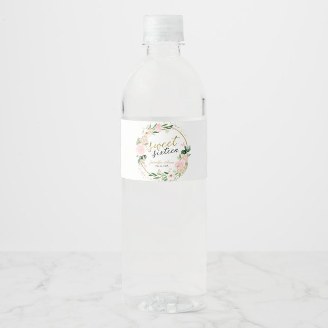 Sweet 16 Blush Floral Pink Butterfly Water Bottle Label (Front)