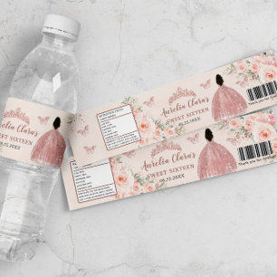 Sweet 16 Blush Floral Rose Gold Brown Princess Water Bottle Label