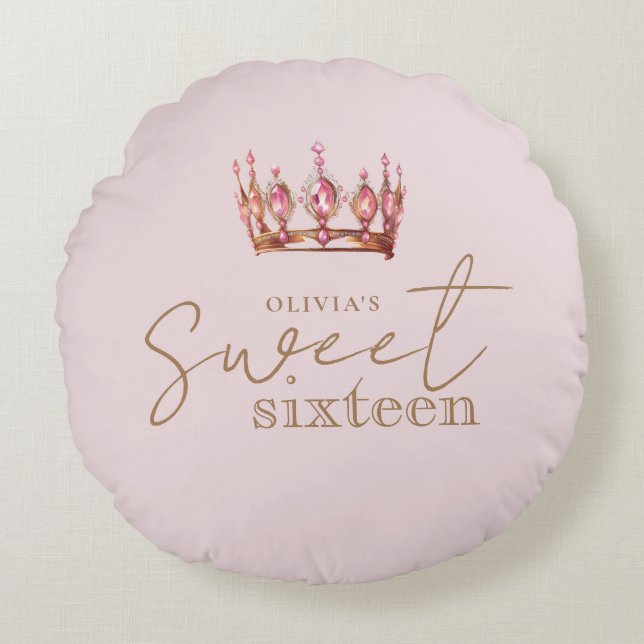 Sweet 16 Blush Pink and Gold Birthday Round Cushion (Front)