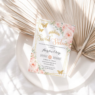 Sweet 16 Blush Pink Floral Champange Butterflies Invitation