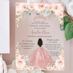 Sweet 16 Blush Pink Floral Rose Gold Brown Girl Acrylic Invitations