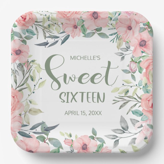 Sweet 16 Blush Pink Flowers Leaves Name Date Paper Plate (Front)