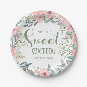 Sweet 16 Blush Pink Flowers Sage Green Leaves Paper Plate