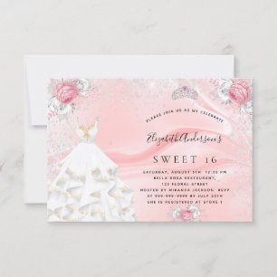 Sweet 16 blush pink glitter dress tiara floral invitation