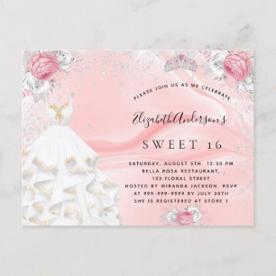 Sweet 16 blush pink glitter dress tiara florals invitation postcard