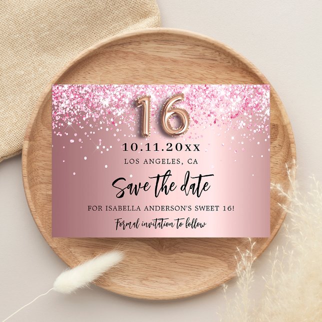 Sweet 16 blush pink glitter glamorous save the date (Creator Uploaded)