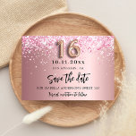 Sweet 16 blush pink glitter save the date announcement postcard<br><div class="desc">A girly and trendy Save the Date card for a Sweet 16, 16th birthday party. Blush pink gradient background decorated with pink faux glitter dust. Personalise and add a date and name/text. The text: Save the Date is written with a large trendy hand lettered style script with swashes. Number 16...</div>