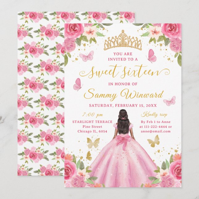 Sweet 16 Blush Pink Princess African American Girl Invitation (Front/Back)