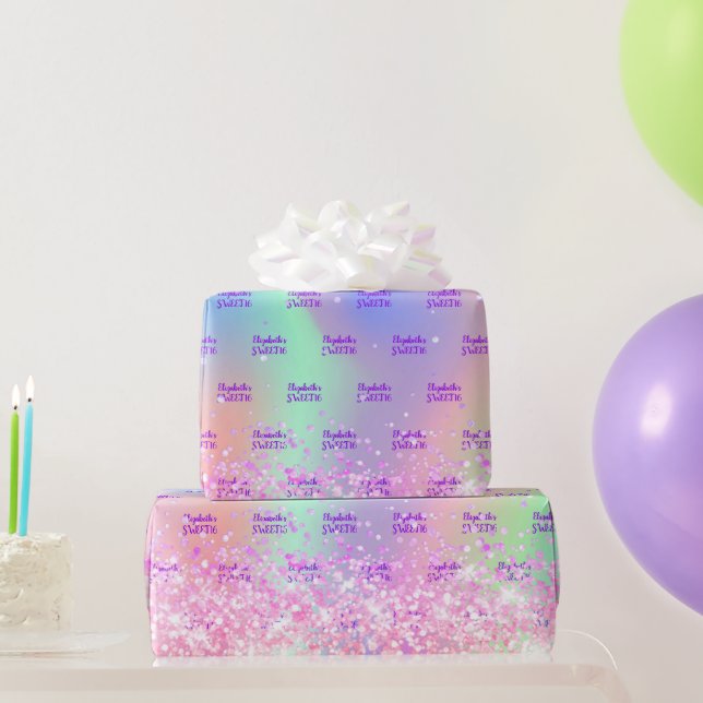 Sweet 16 blush pink purple holographic wrapping paper (Party Gifts)