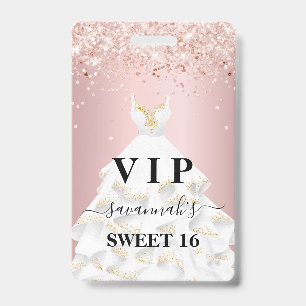 Sweet 16 blush pink rose glitter dust name vip ID badge