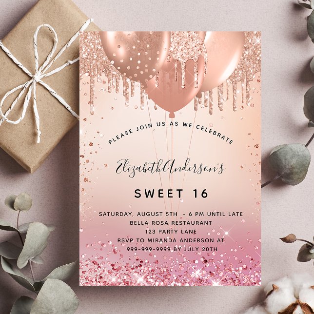 Sweet 16 blush pink rose gold balloons invitation (Creator Uploaded)