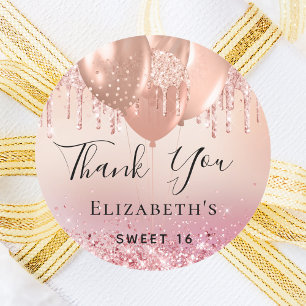 Sweet 16 blush pink rose gold balloons name classic round sticker