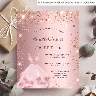 Sweet 16 blush pink rose gold dress invitation postcard