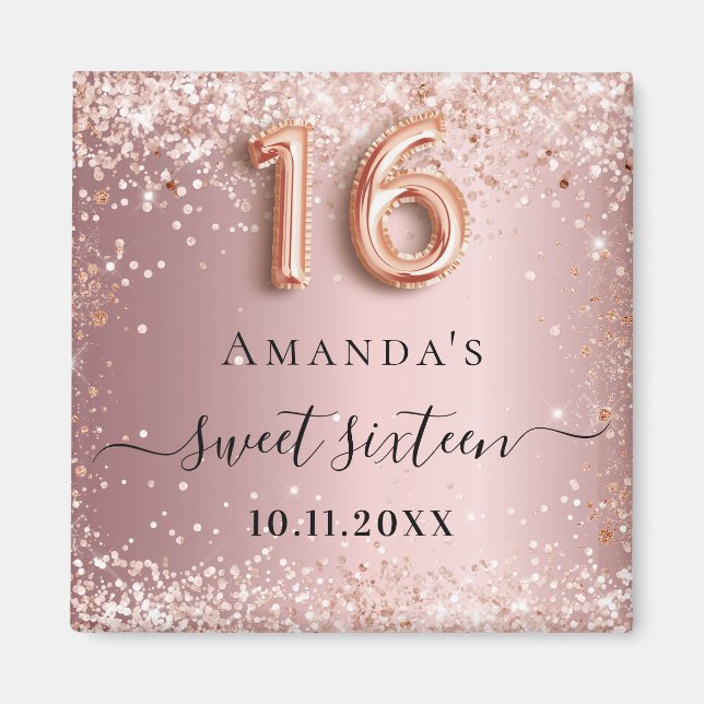 Sweet 16 blush pink rose gold glitter dust name magnet (Front)